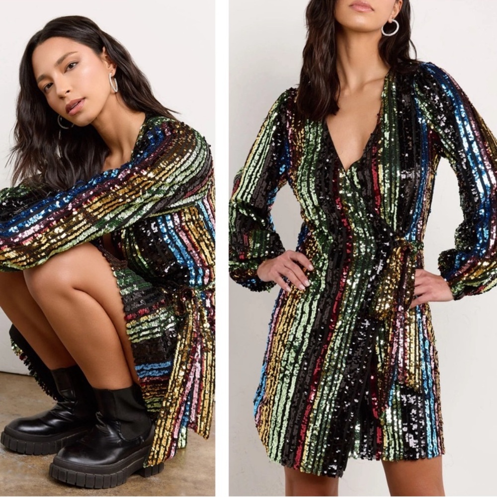 Lena Sequin rainbow wrap long sleeve mini dress